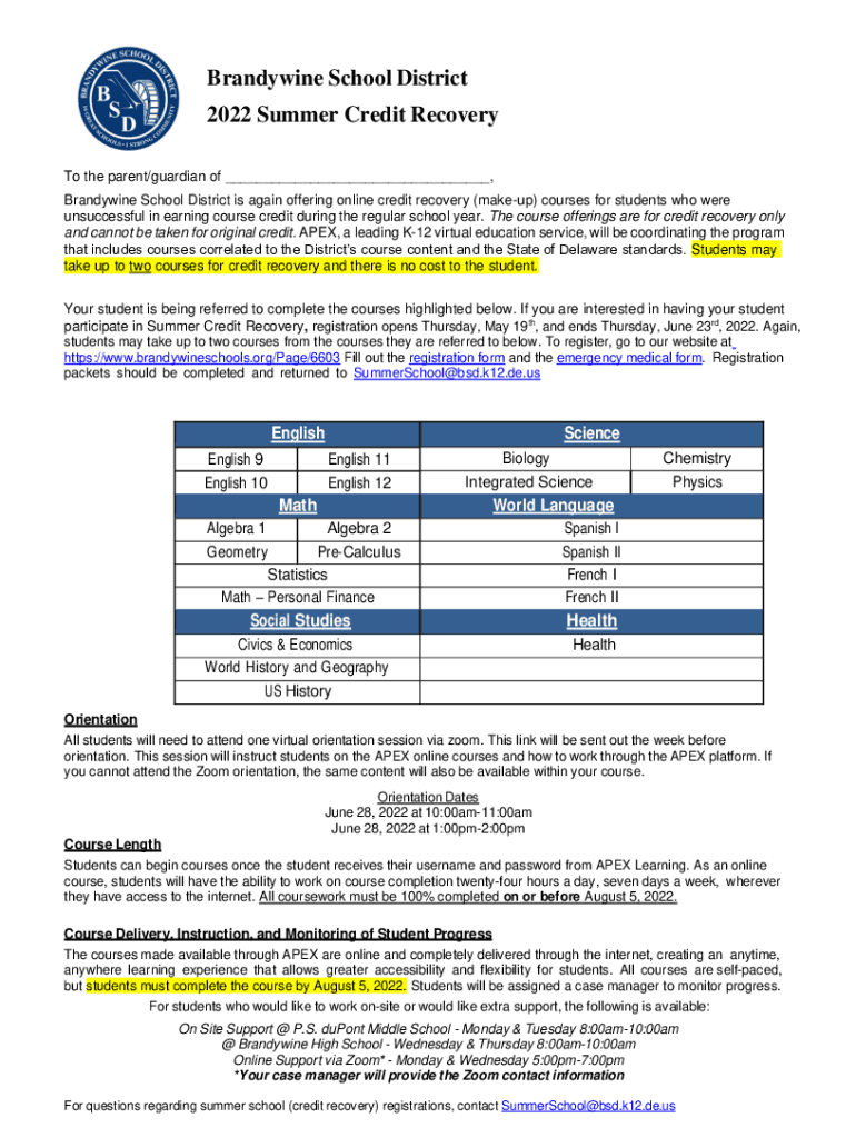 Fillable Online Brandywine Virtual Academy Chester County