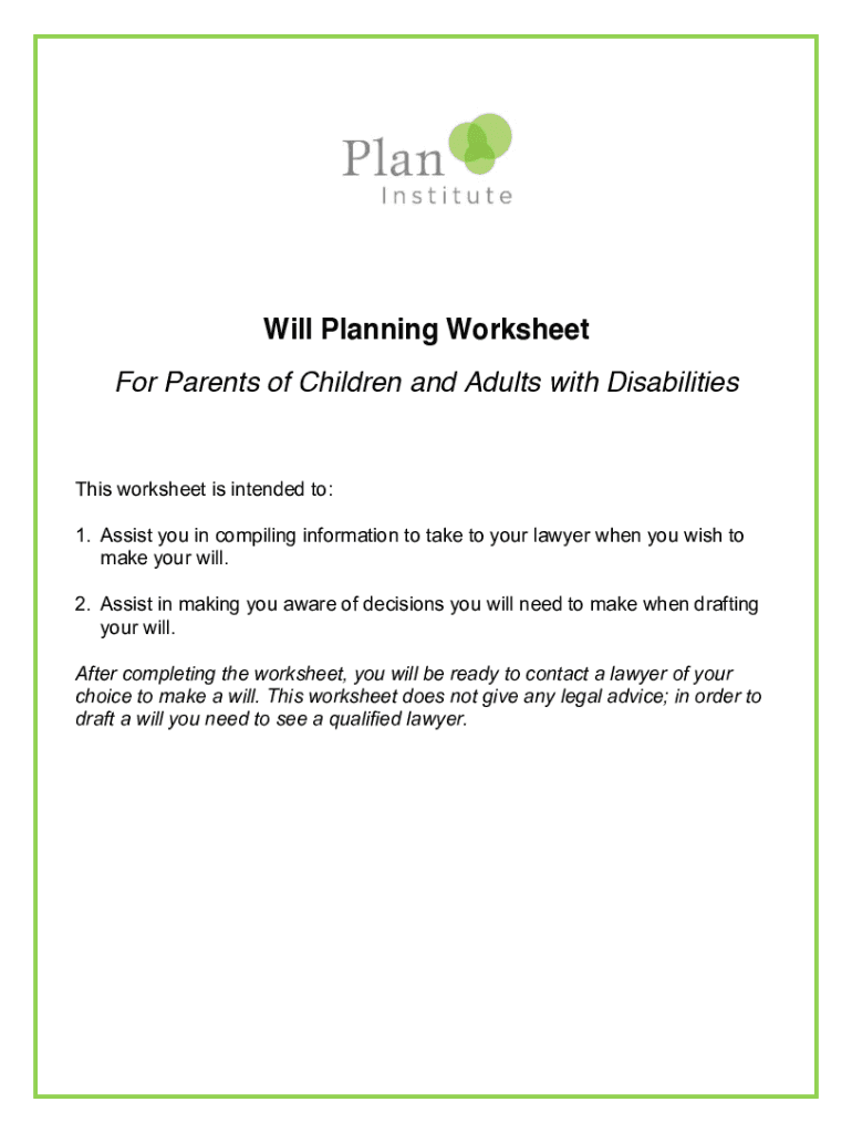 Fillable Online Will Planning Worksheet For Parents of Children and Fillable Online Will Planning Worksheet For Parents of Children and