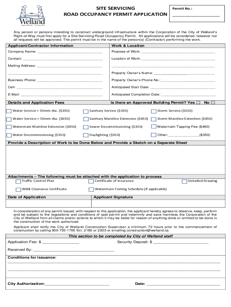 Fillable Online road occupancy permit application form Town of