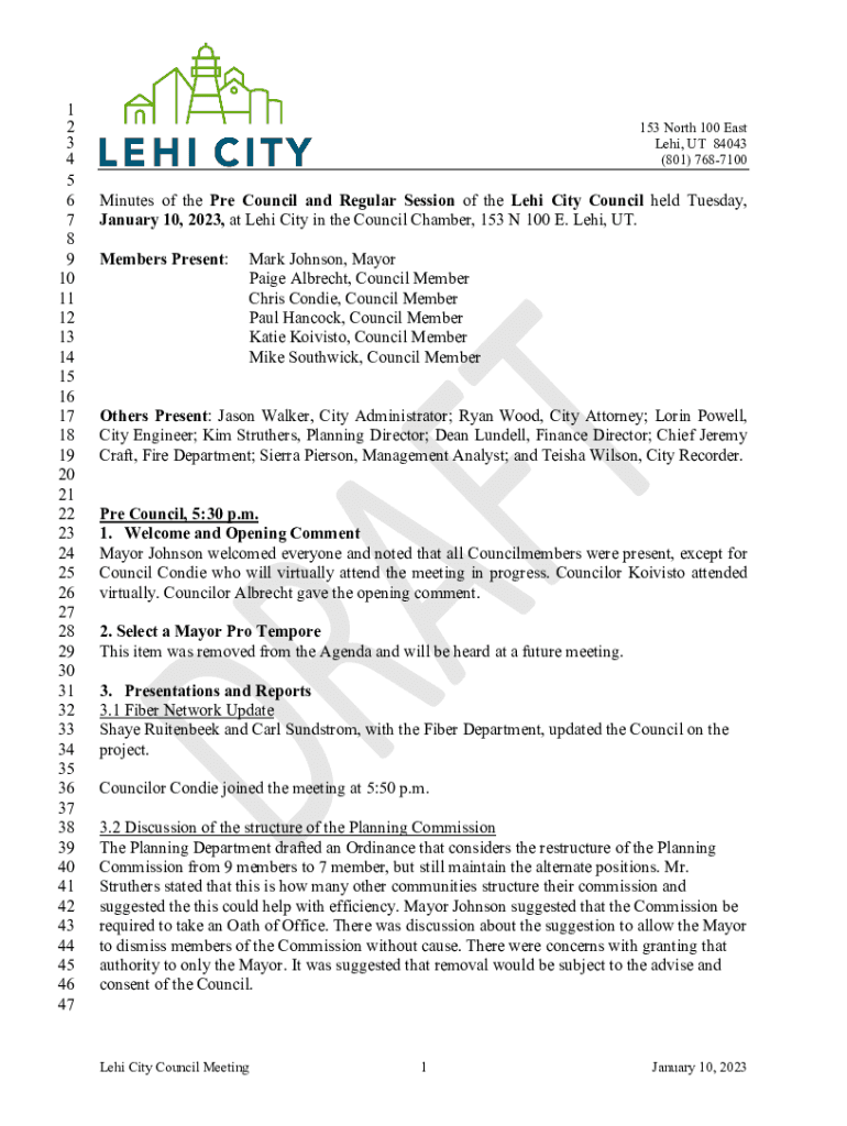 Fillable Online January 10, 2023, at Lehi City in the Council Chamber, 153 N 100 E Fax Email