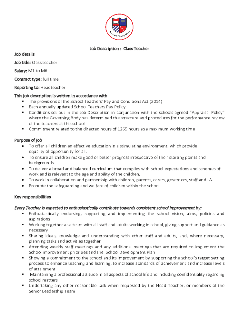 Fillable Online Class Teacher Job Description And Person Specification fillable-online-class-teacher-job-description-and-person-specification