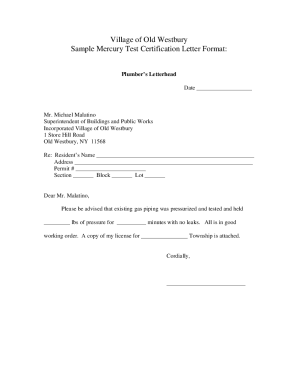 Sample Plumber Certification Letter