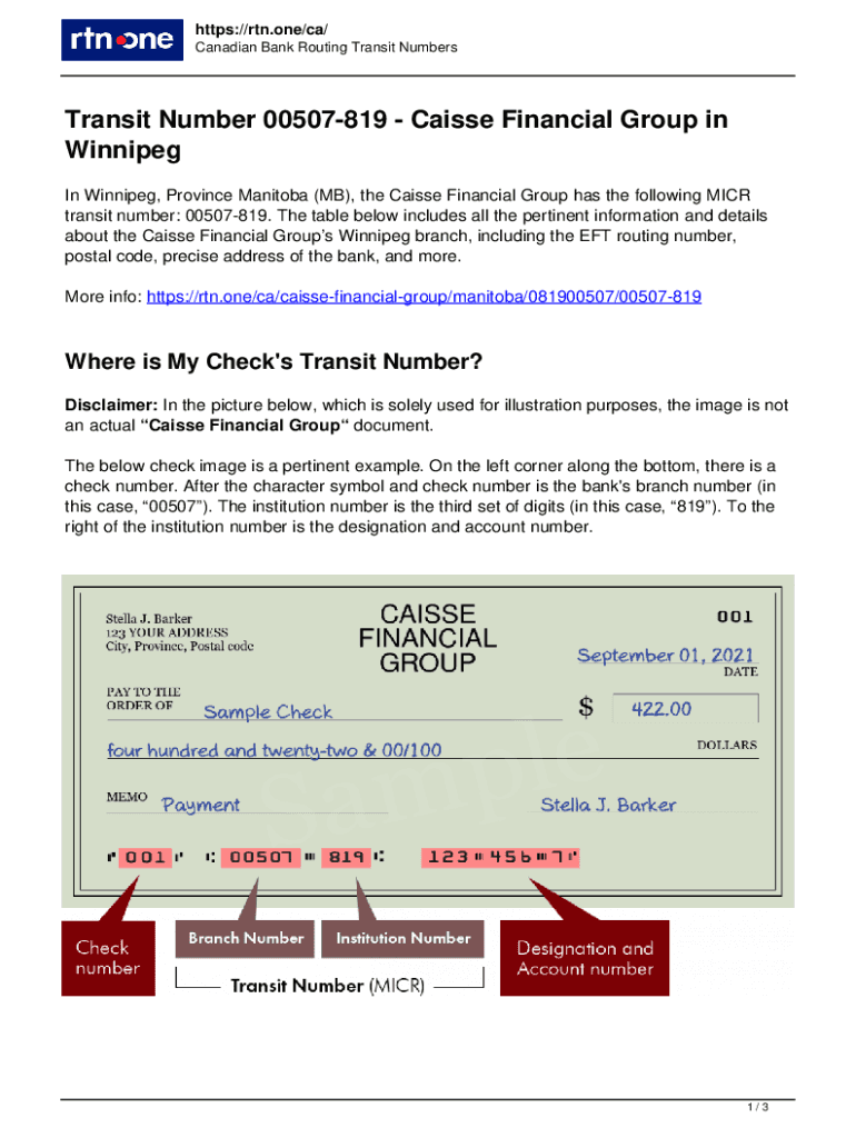 Fillable Online Routing Number for the Caisse Financial Group in