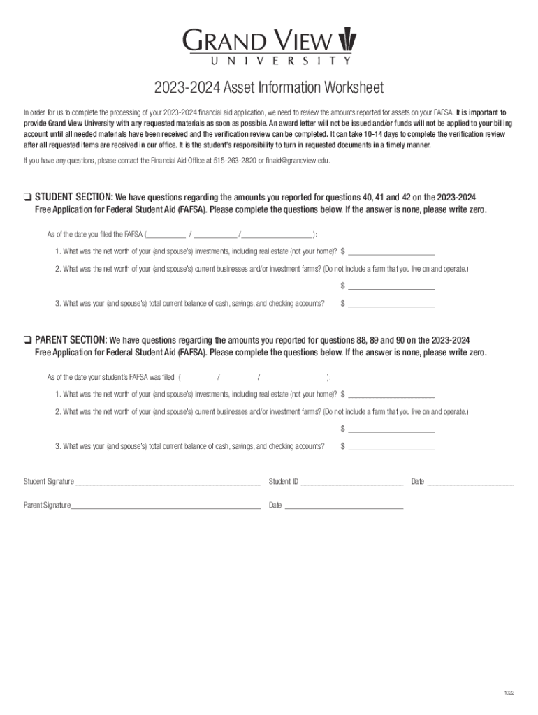 Fillable Online 20232024 Asset Information Worksheet Fax Email Print