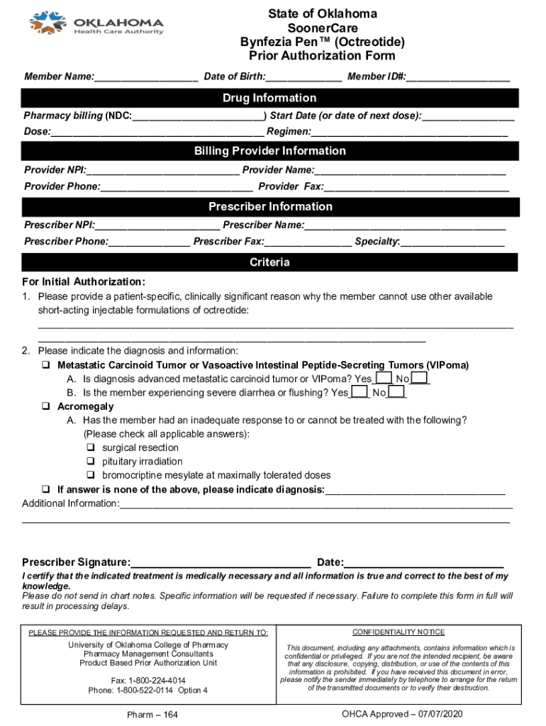 Fillable Online State of Oklahoma SoonerCare Bynfezia Pen ( Fax
