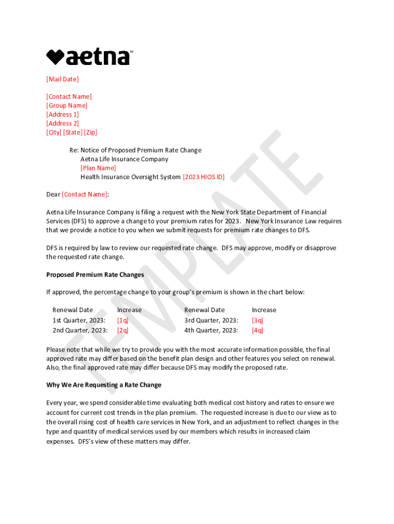 Fillable Online Notice of Proposed Premium Rate Change NY Aetna