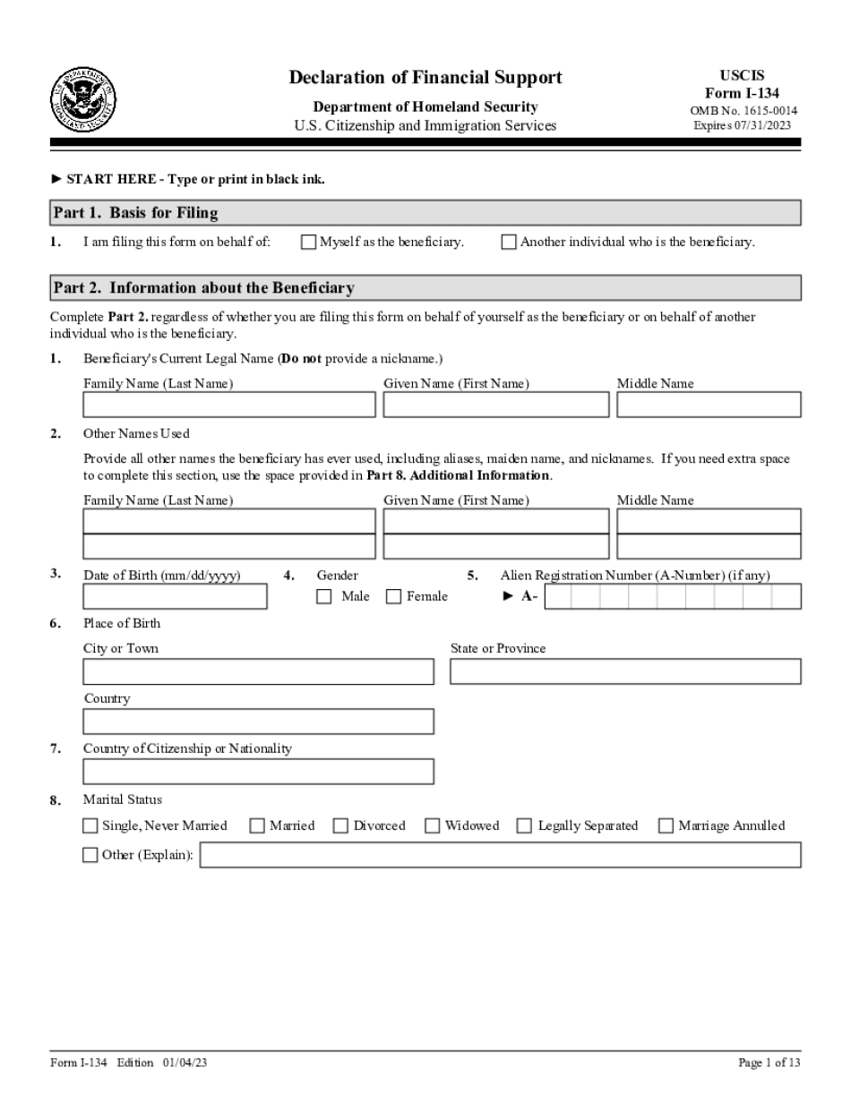 2022 Form Uscis I-134 Fill Online, Printable, Fillable, Blank