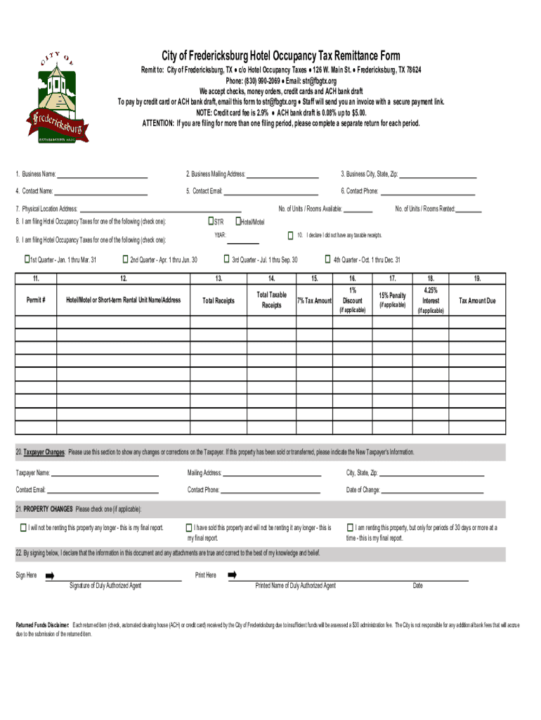 Fillable Online City of Fredericksburg Hotel Occupancy Tax Remittance