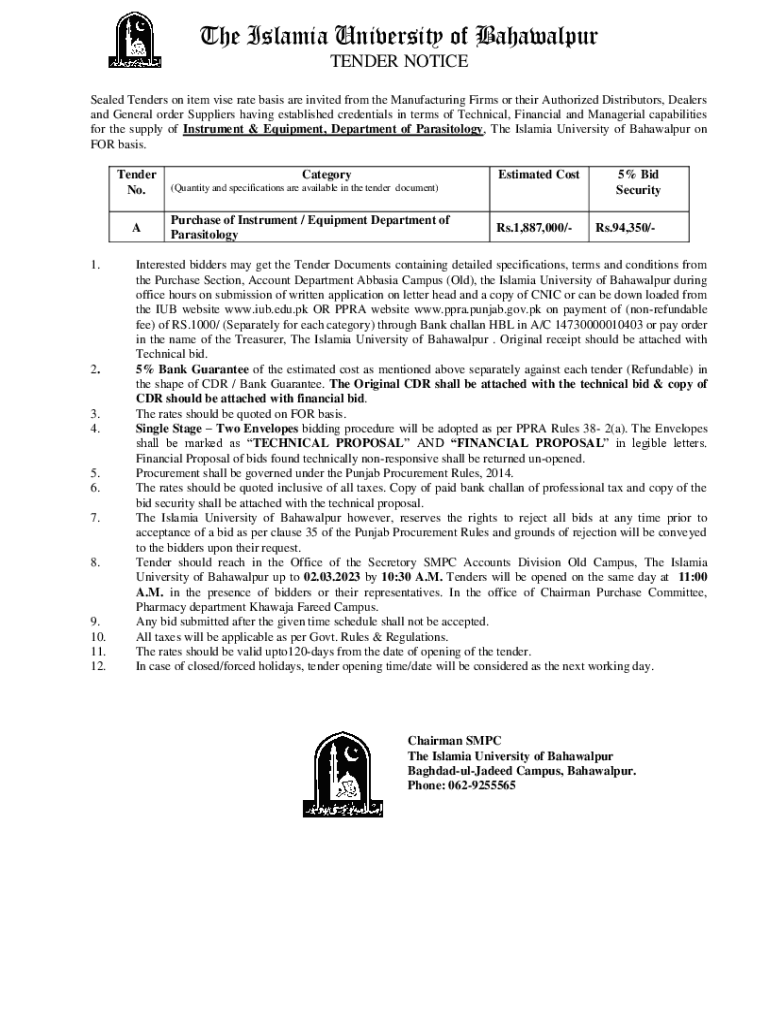 Fillable Online for the supply of Instrument & Equipment, Department of