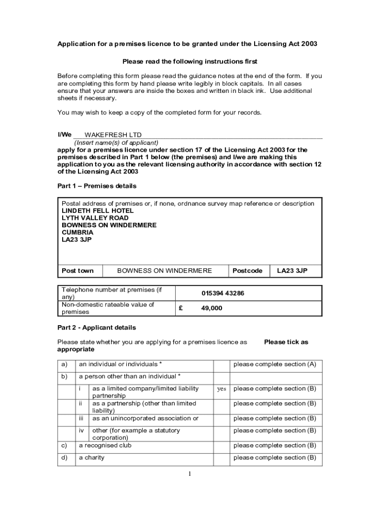 Fillable Online apply for a premises licence under section 17 of the
