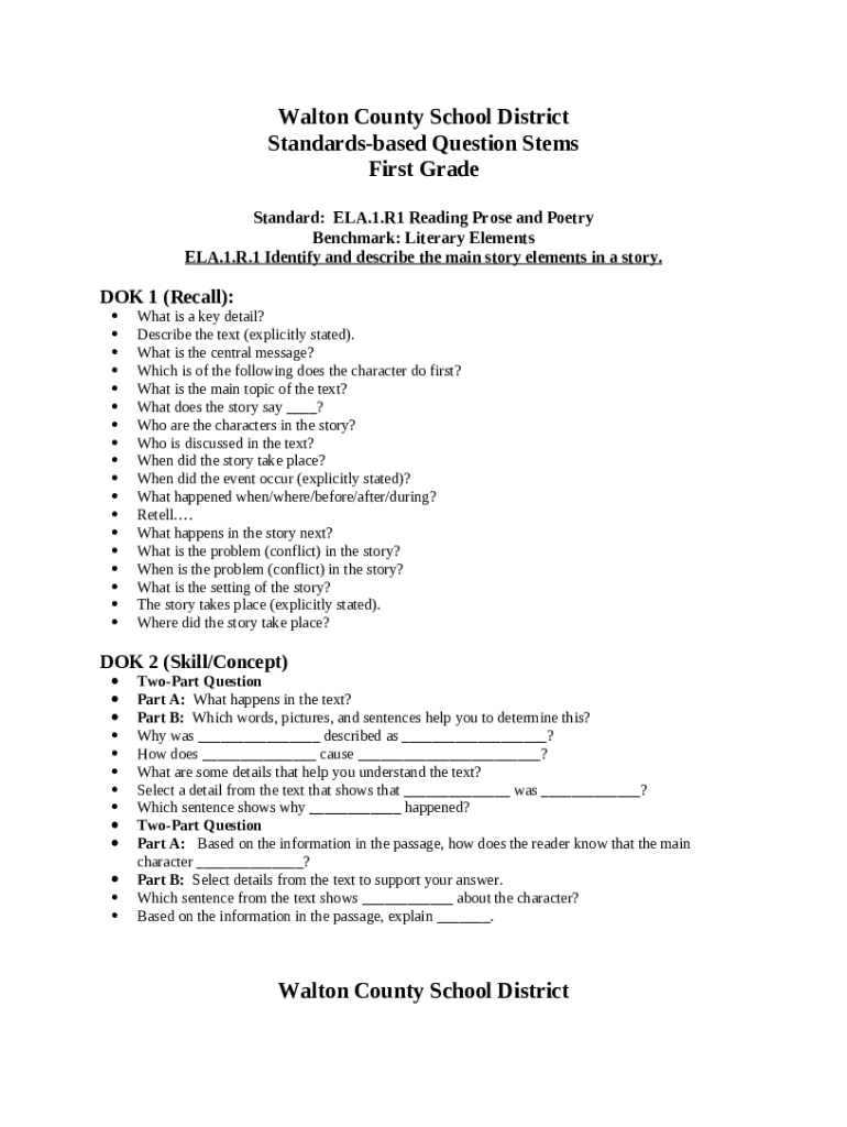 Grade 1 question stem bank common core state standards doc template
