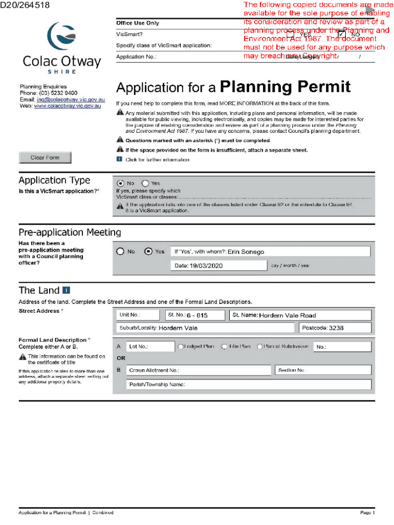 Fillable Online application for planning permit Colac Otway Shire Fax