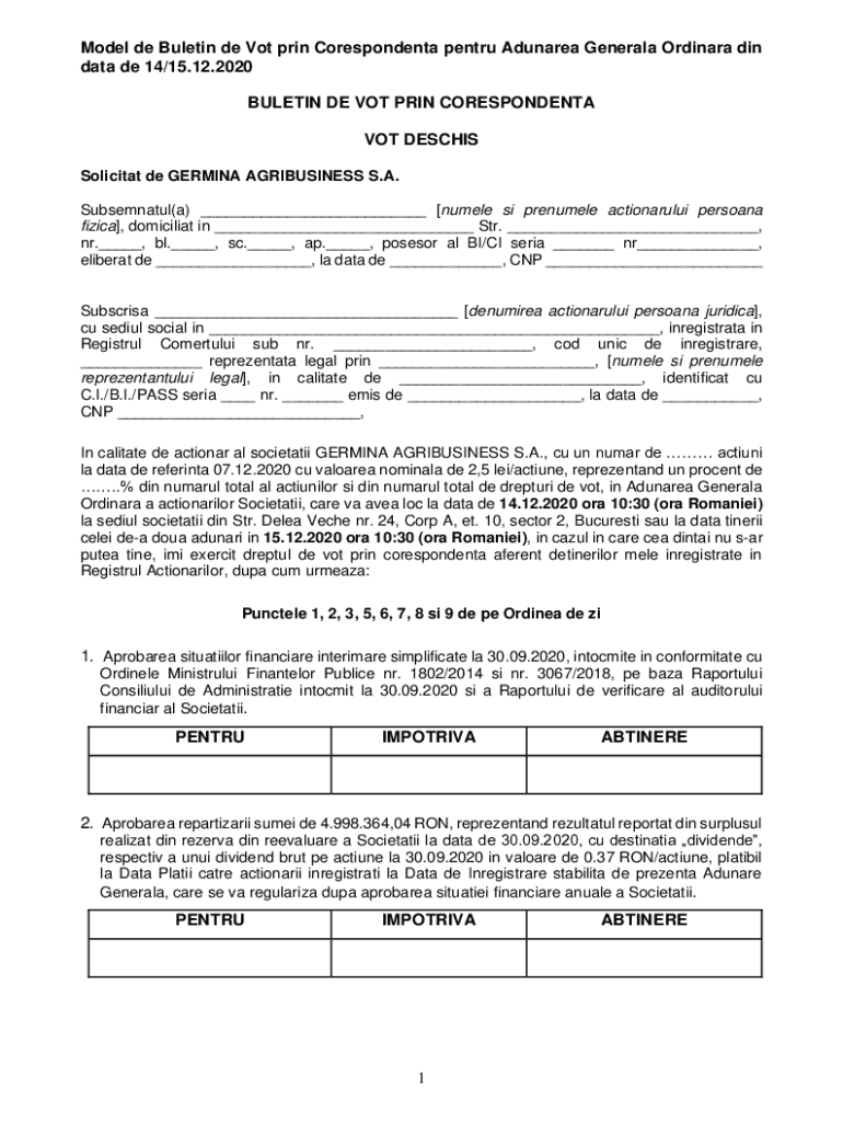 Fillable Online Model de Buletin de Vot prin Corespondenta Fax Email