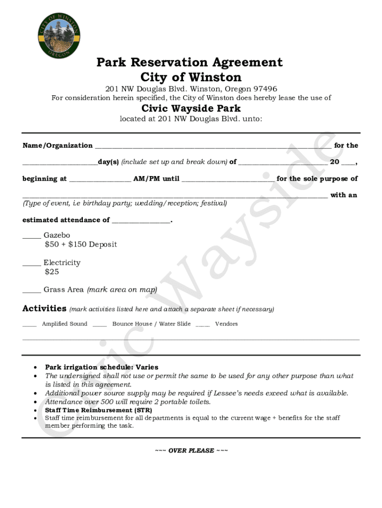 Fillable Online Park Reservation Forms City of Winston, Oregon Fax Email Print pdfFiller