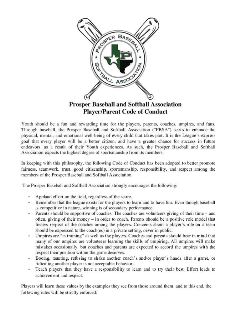 Fillable Online Prosper Baseball and Softball Association Player/Parent