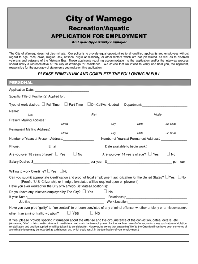 Fillable Online Recreation/Aquatic Employment Application City of