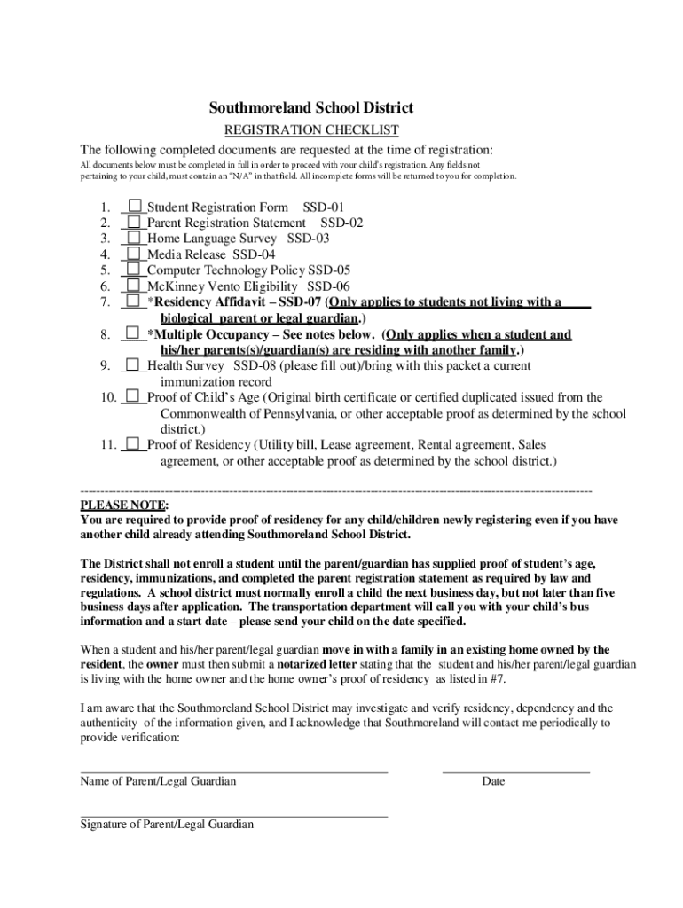 Fillable Online the Southmoreland School District Registration Packet