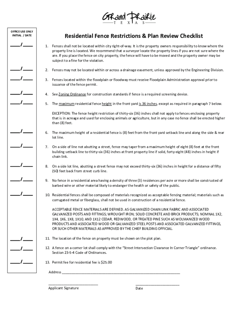 Fillable Online Residential Fence Restrictions & Plan Review Checklist