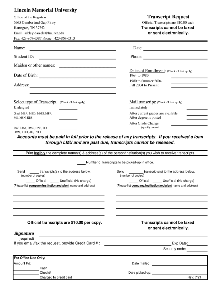 Fillable online lincoln memorial university transcript request
