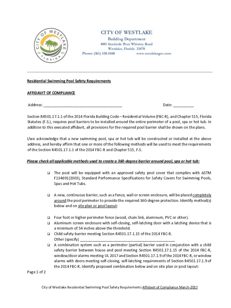Fillable Online Residential Swimming Pool Safety Requirements AFFIDAVIT