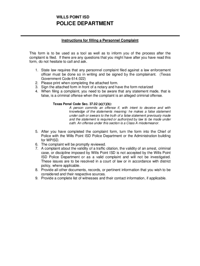 Fillable Online wills point isd police department Fax Email Print