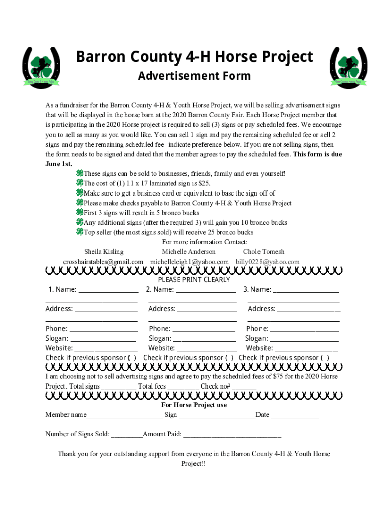 Fillable Online Advertisement FormBarron County 4-H Horse Project Fax ...