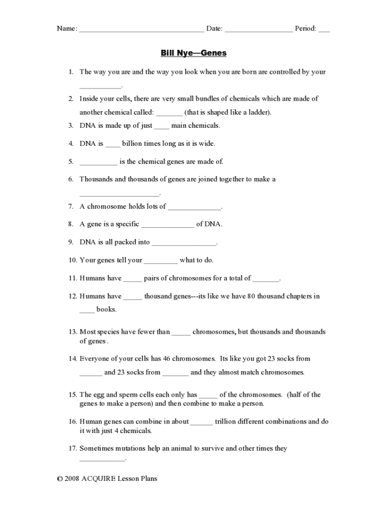 Fillable Online Bill Nye Genes Video Worksheet Moore Public Schools Fax Email Print pdfFiller