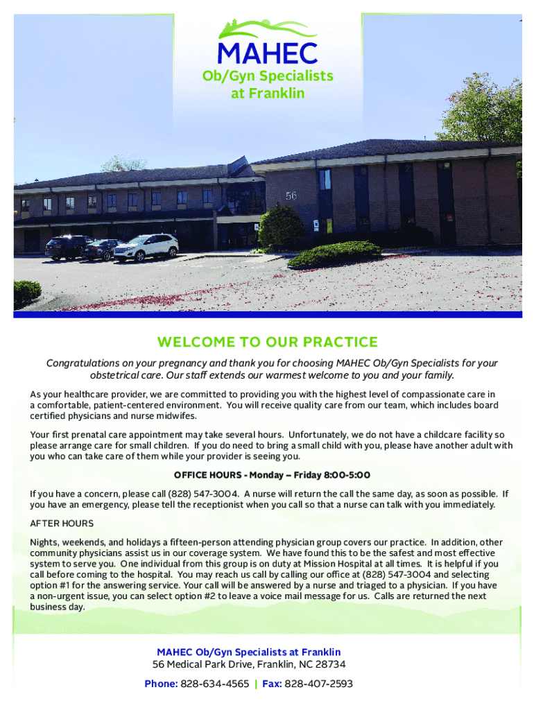 Fillable Online WELCOME TO OUR PRACTICE Ob/Gyn Specialists at Franklin ...