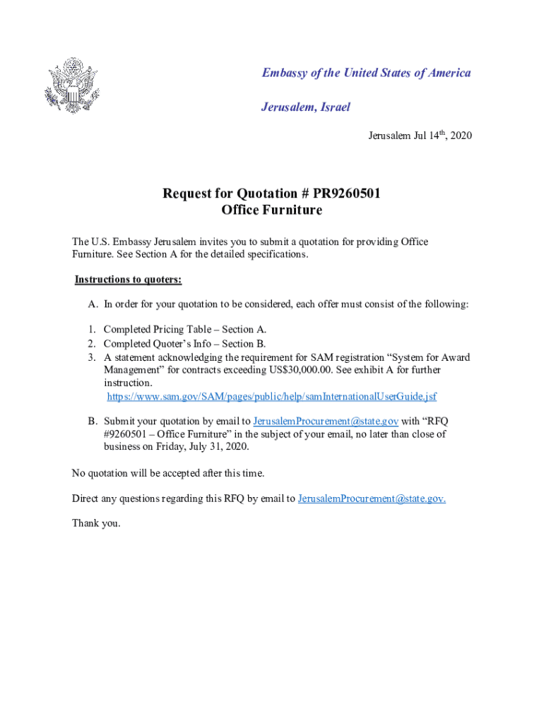 Fillable Online Request for Quotation PR9260501 Office Furniture Fax