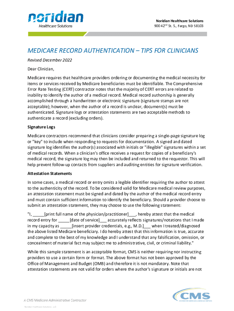 Fillable Online Medicare Record Authentication Tips for Clinicians