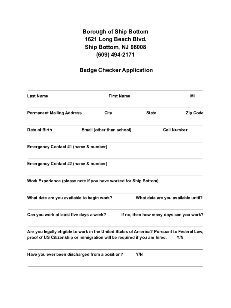 20222024 Form NJ Borough of Ship Bottom Badge Checker Application Fill