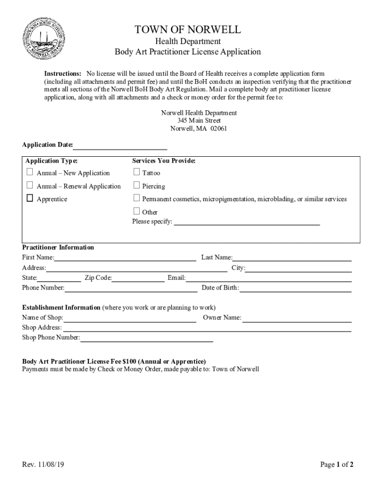 Fillable Online Health Department Body Art Establishment License