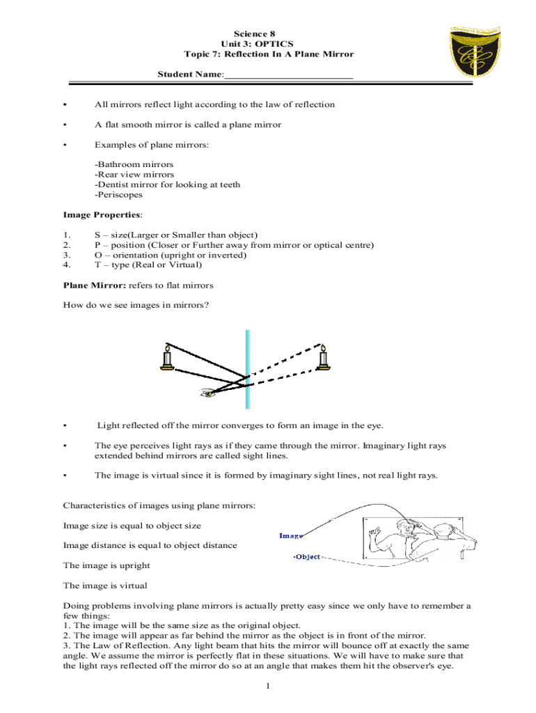 Fillable Online OPTICS Topic 7 Reflection In A Plane Mirror Student