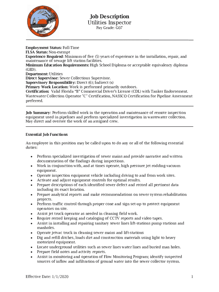 Fillable Online What Does A Utility Inspector Do Job Description