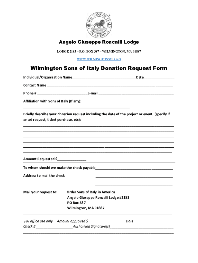 Wilmington Sons of Italy Donation Request Form Preview on Page 1