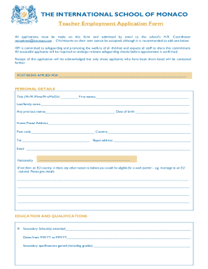 Fillable Online TEACHER EMPLOYMENT APPLICATION FORM - ismonaco.org Fax Email Print - pdfFiller