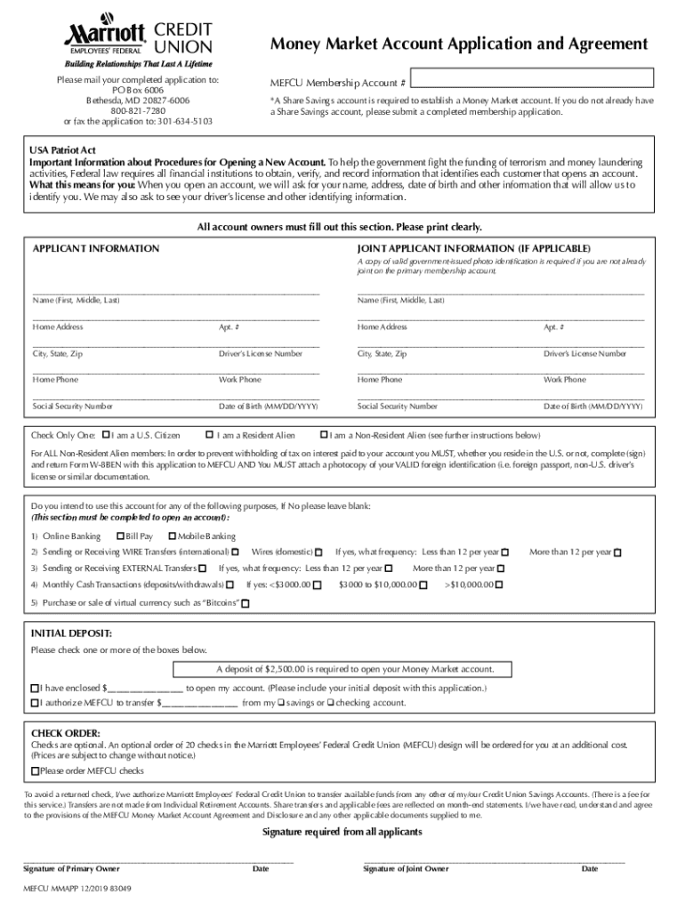 Money Market Account Application and Agreement Preview on Page 1