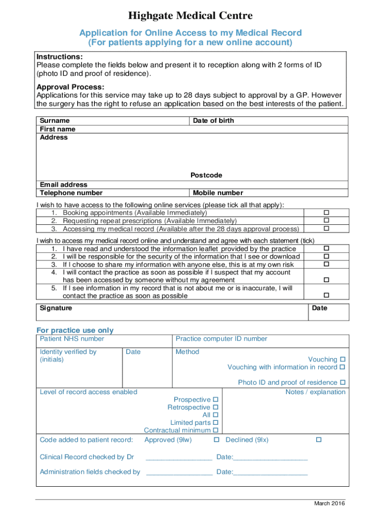 Fillable Online Forms Highgate Medical Centre Fax Email Print pdfFiller