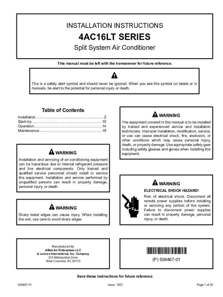 Fillable Online INSTALLATION INSTRUCTIONS 4AC16LT SERIES Fax Email
