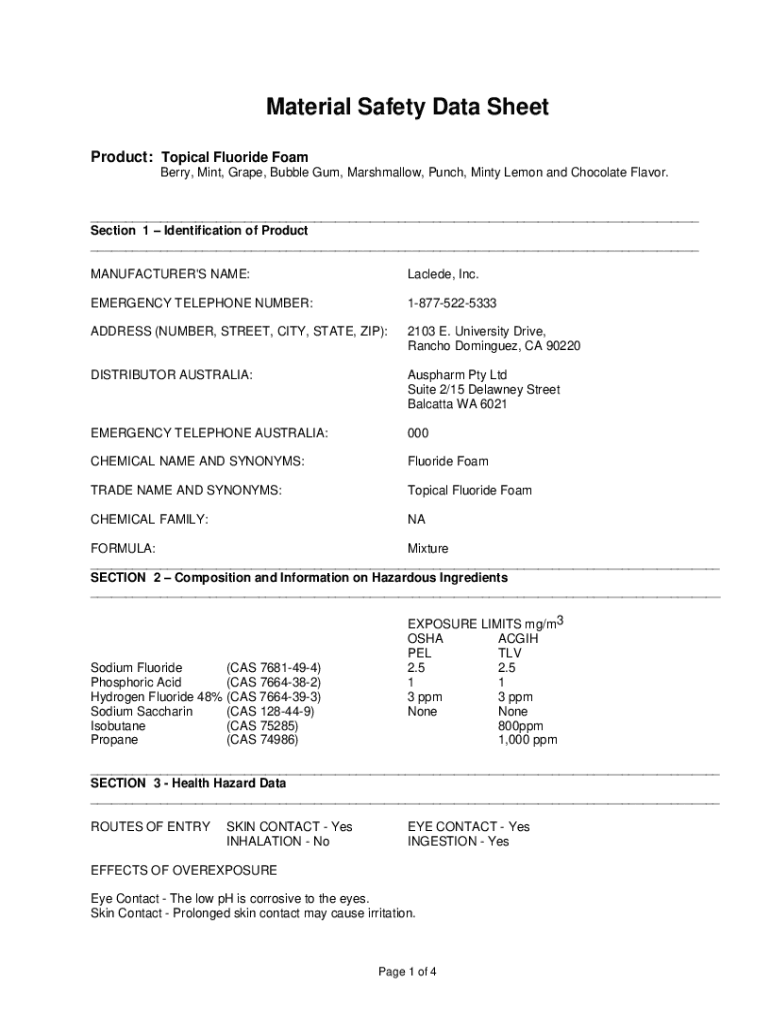Fillable Online Material Safety Data Sheet APF FLUORIDE FOAM 60 Fax
