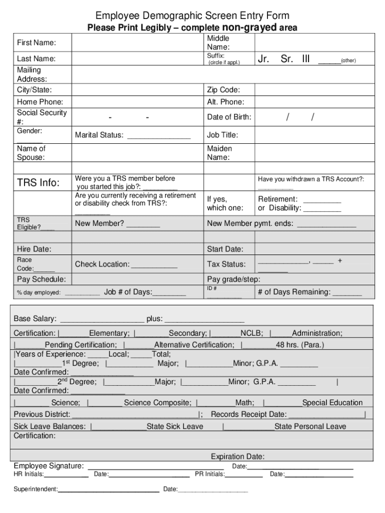 Fillable Online Employee Demographic Screen Entry Form - SharpSchool ...