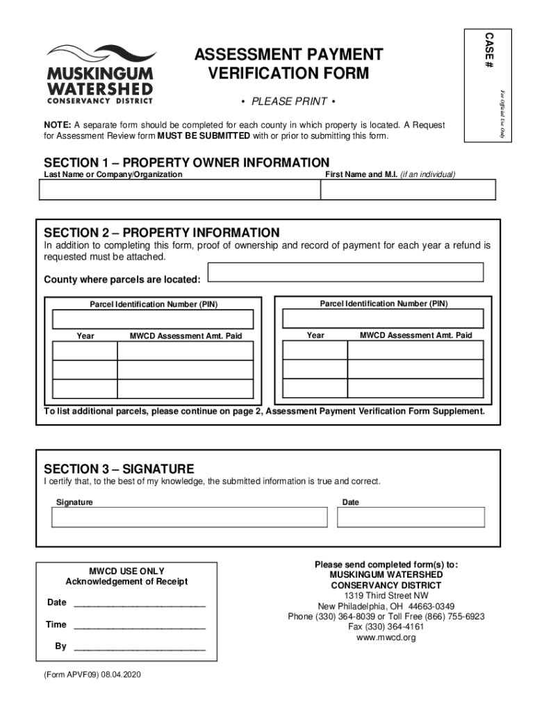 Assessment Payment Verification Form - Muskingum Watershed Preview on Page 1