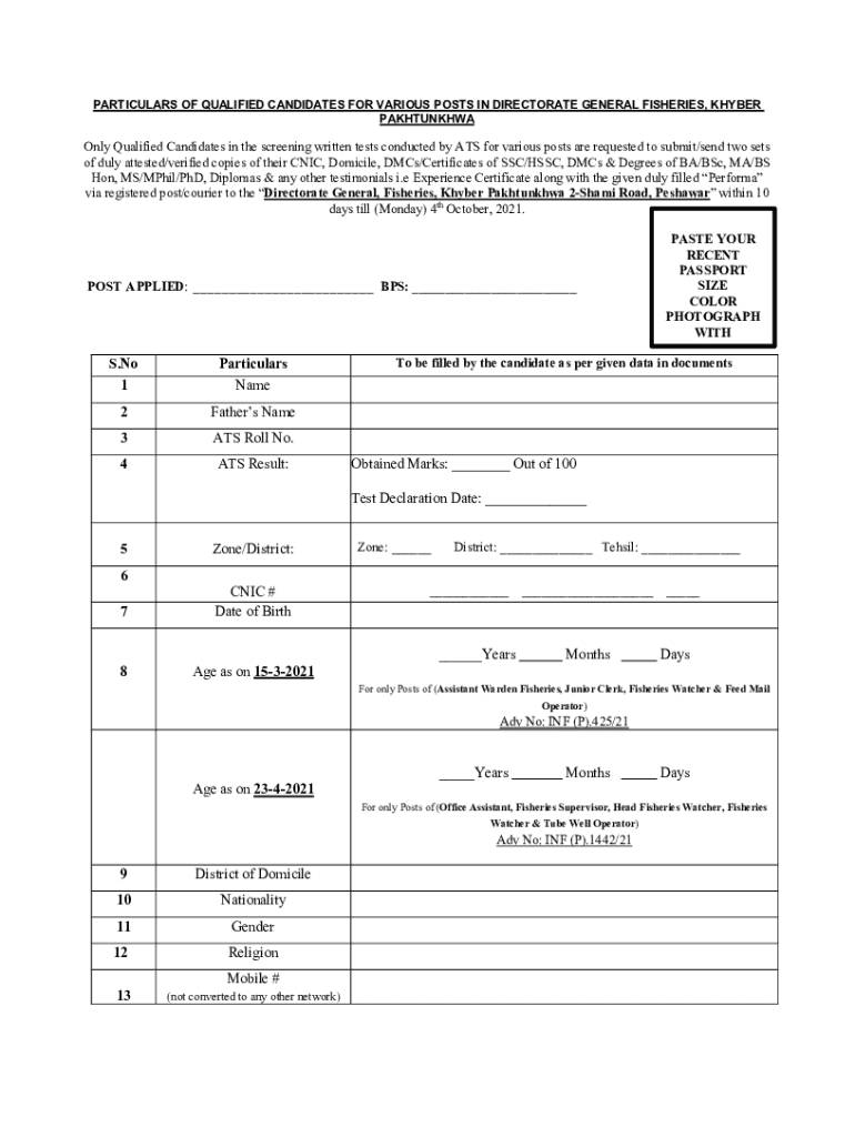 Fillable Online Fisheries Department KPK Jobs 2022 ATS Form Sample