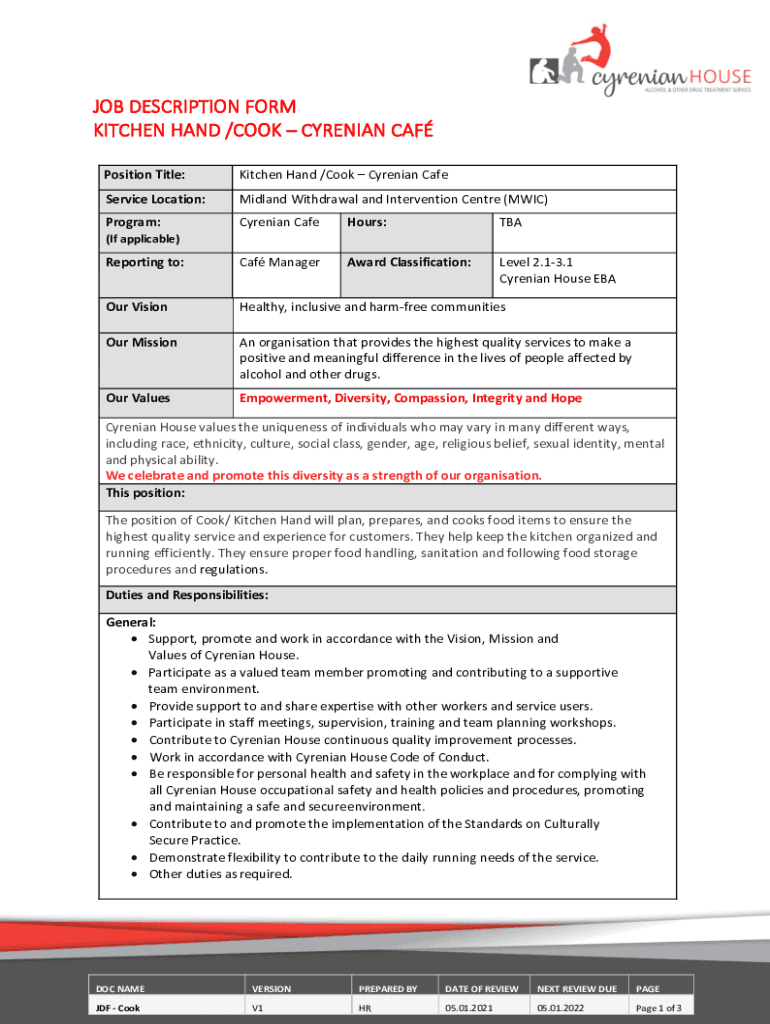 Fillable Online Cook Institution and Cafeteria Job Descriptions