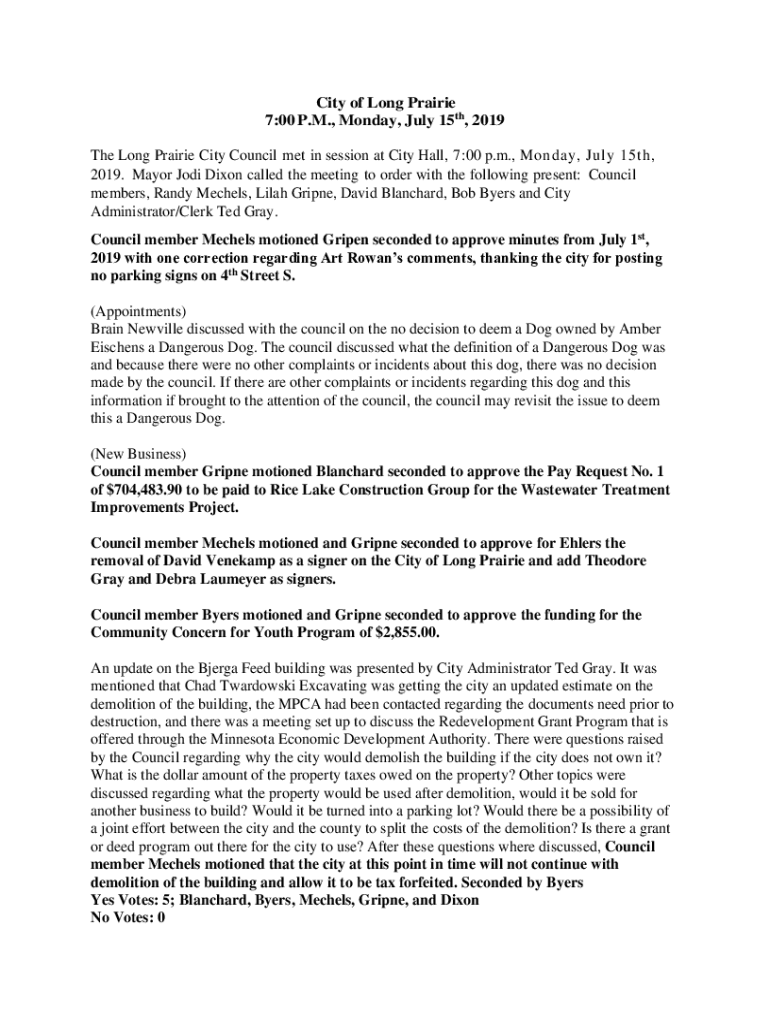 Fillable Online The Long Prairie City Council met in session at City