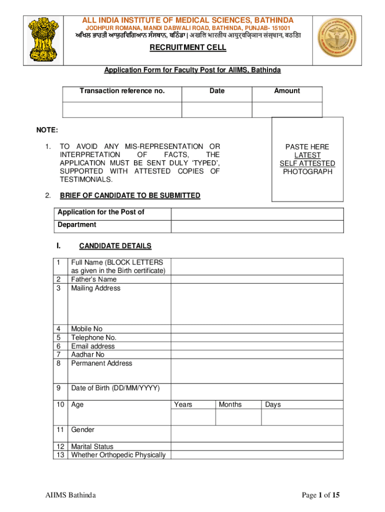 Fillable Online 3) Application form Deputation Basis AIIMSBathinda
