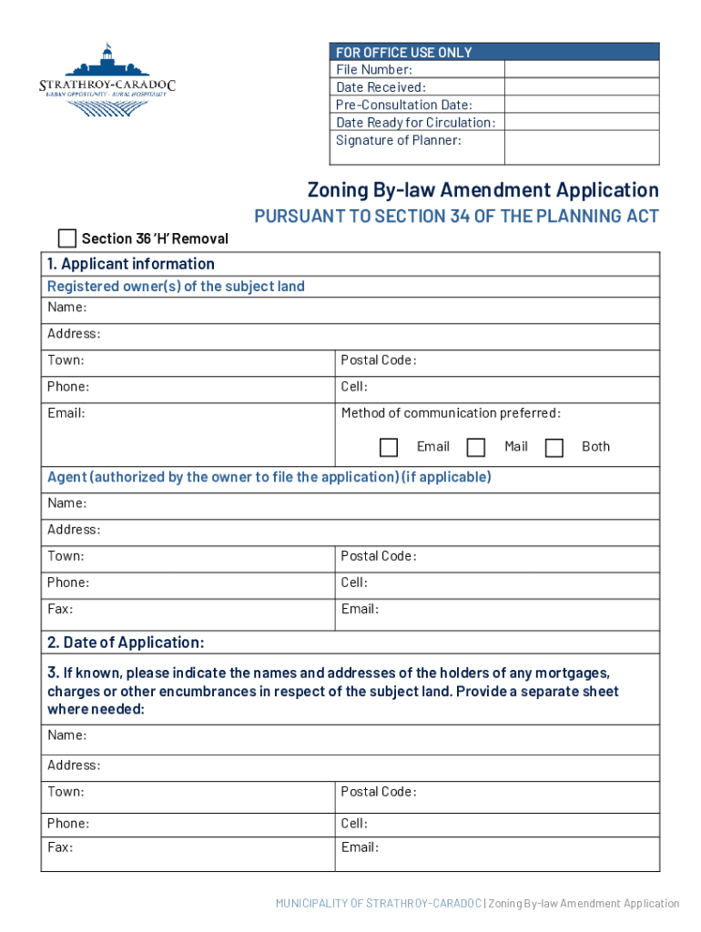 Fillable Online MUNICIPALITY OF STRATHROYCARADOC. Zoning Bylaw Amendment Application Fax Email