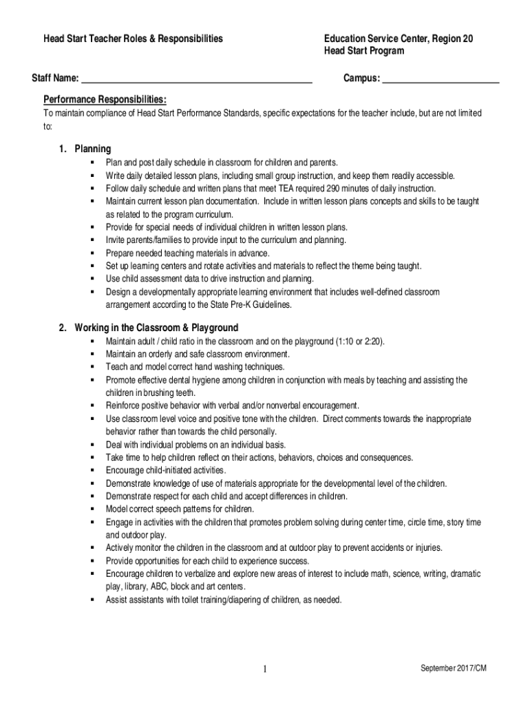 Fillable Online Job Description Head Start Teacher Position Title Fax