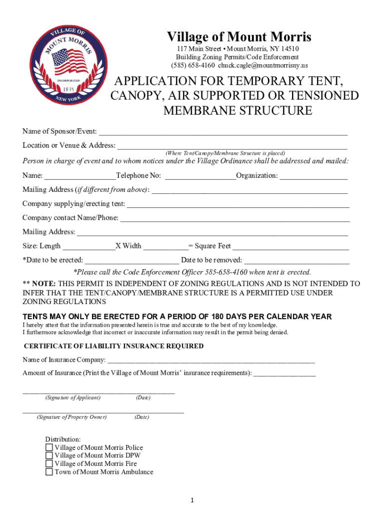 Fillable Online Tent Permit Application Village of Mount Morris Fax