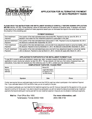 Florida Alternative Payment Application for 2013 Property Taxes